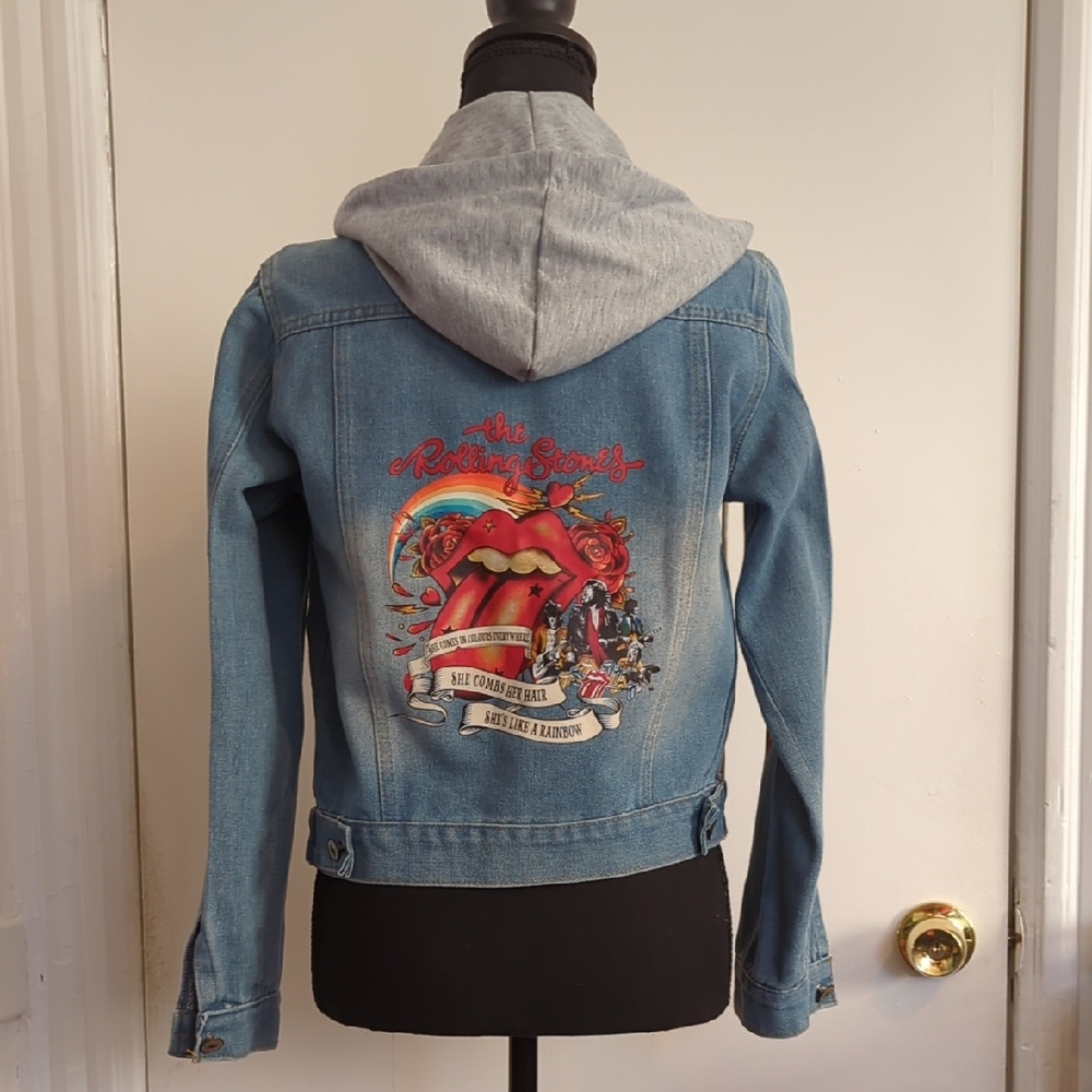 Rolling Stones Embellished Denim Jacket with Gray Hood
